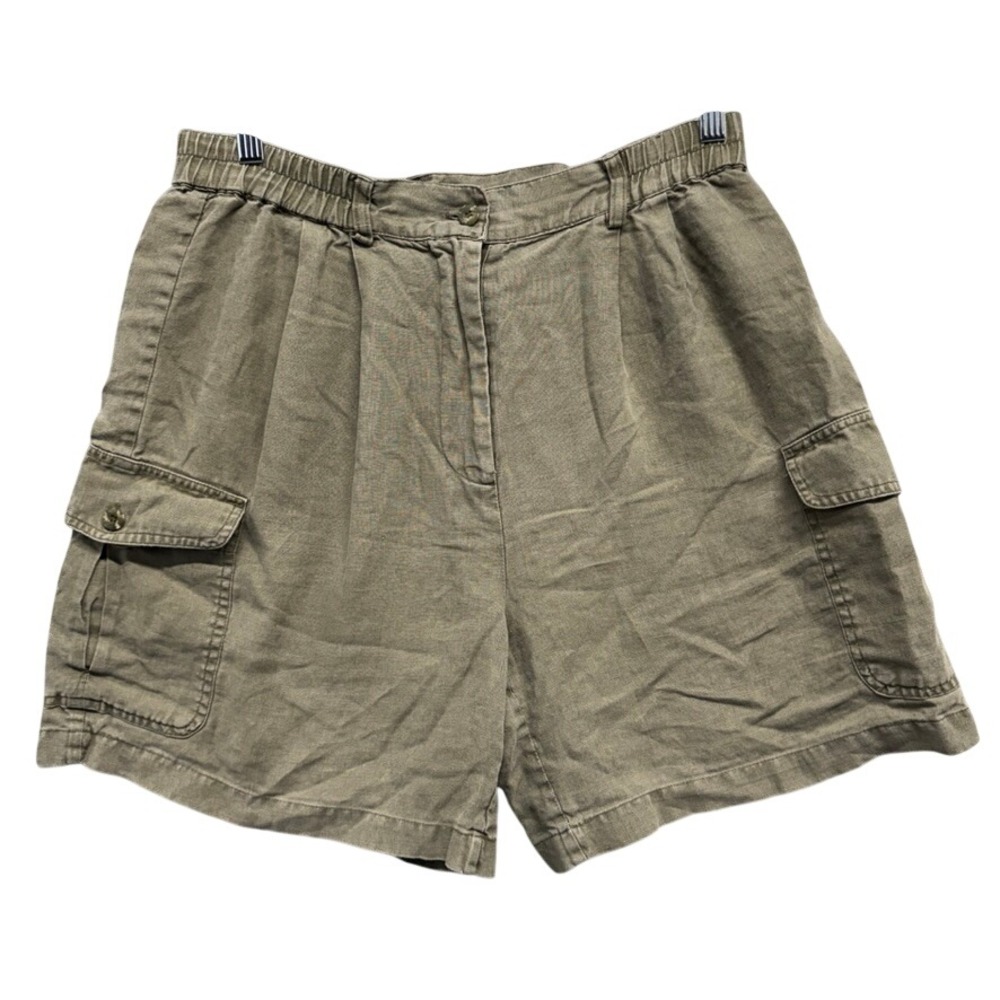 Valerie Stevens Sport Olive Green 100% Linen Cargo Shorts High Rise Pleated M